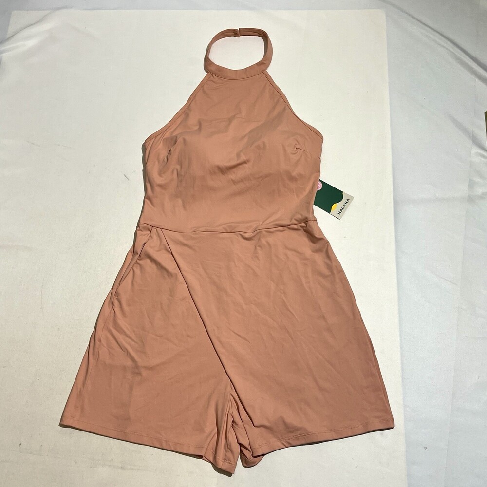 Halara Halter Coral Backless Sleeveless Side Pocket Wrap Dress Skort Tennis Golf